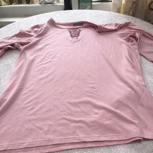 LAURA exlarge pinkish top- long sleeves , nice criss-cross embellishment